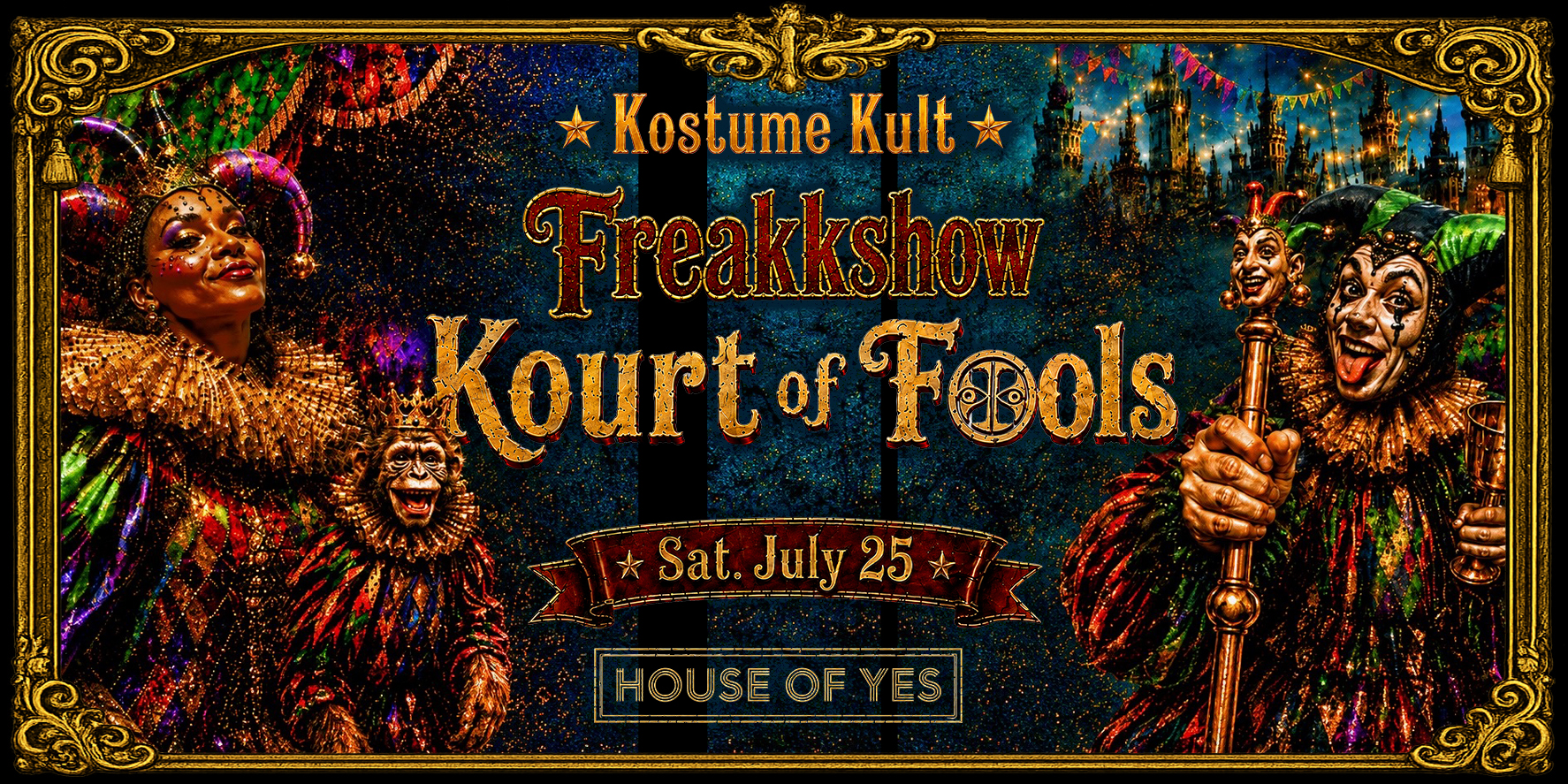 Kostume Kult presents FreaKKshow 2026: Kourt of Fools. Saturday, July 25th, 10PM to 4AM. House of Yes, Bushwick BK. 21+