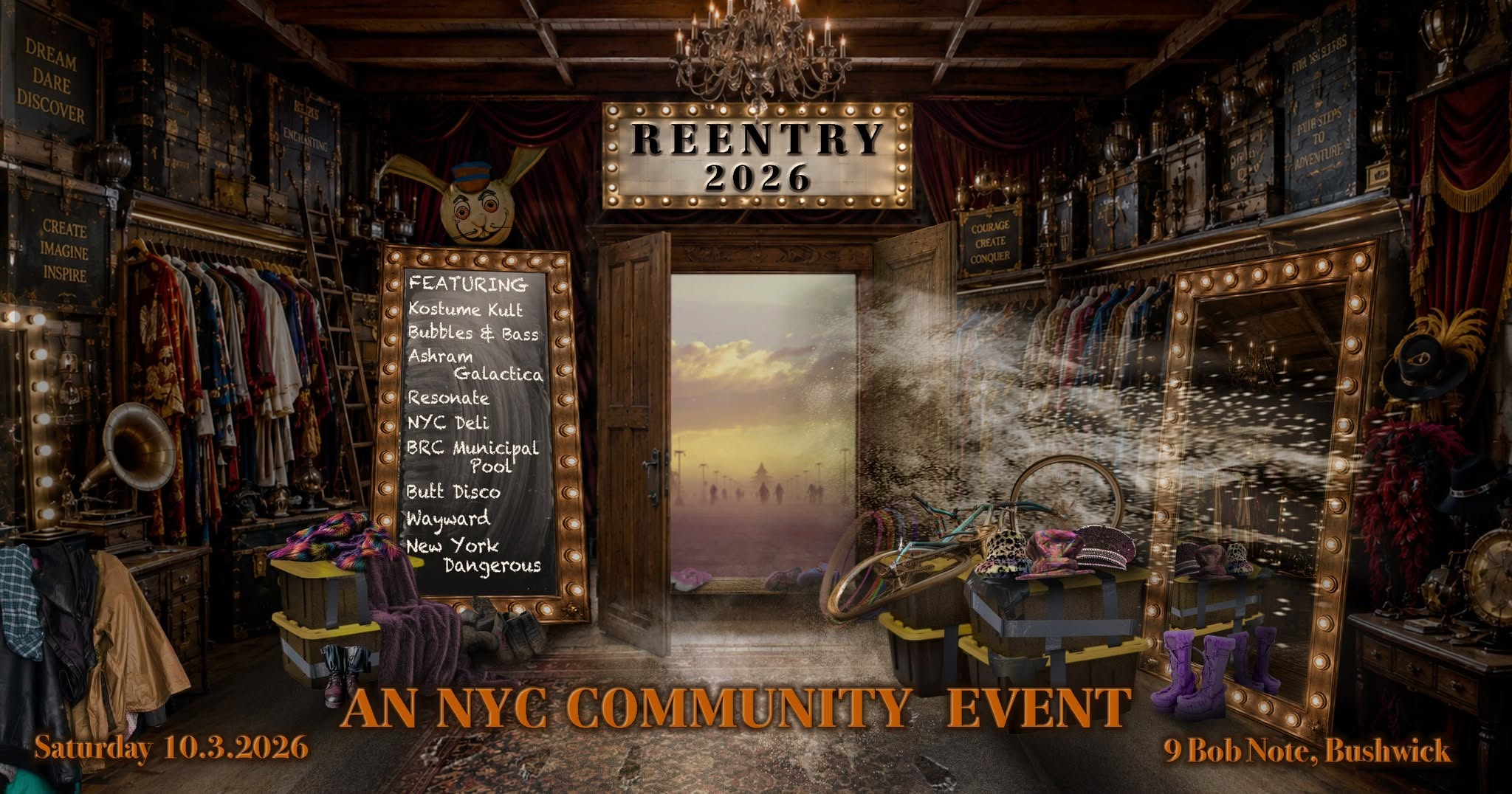 Reentry 2026, an NYC community event on Saturday, October 3, 2026 at 9 Bob Note in Bushwick. A theatrical costume-filled wardrobe opens onto the playa.