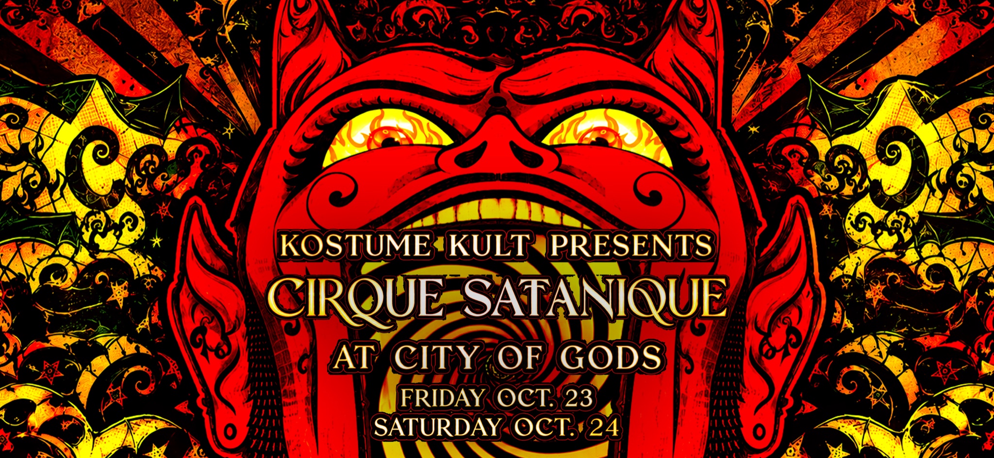 Kostume Kult presents Cirque Satanique at City of Gods, October 23–24, 2026 at Industry City, Brooklyn. A red devilish carnival face surrounded by fiery yellow and black circus designs.